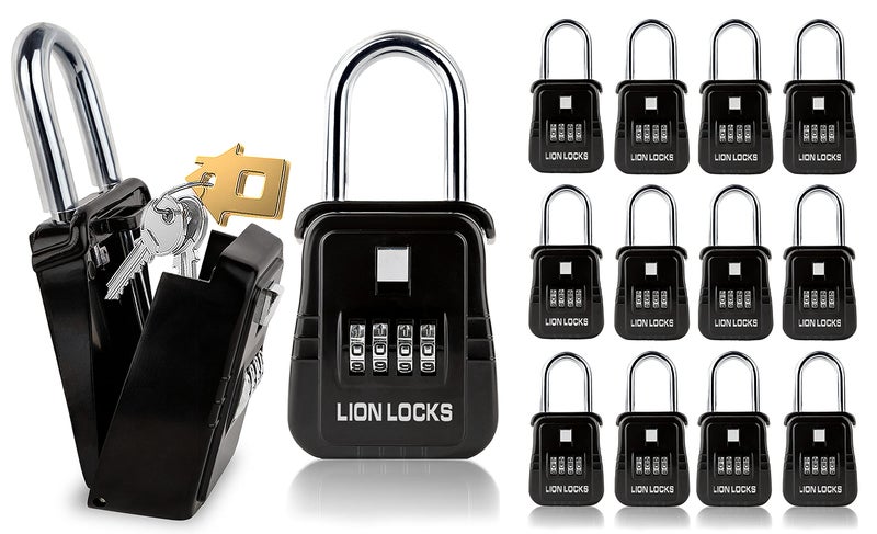 Lion Locks صندوق قفل مفتاح Lion Locks 1500 مع رمز، صندوق قفل للمفاتيح في الهواء الطلق، صندوق قفل السمسار للإيجارات قصيرة المدى، يحمل 5 مفاتيح (12 حزمة، أسود) - Image 1